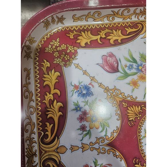 Vintage 1987 the Tin Box Company Square Serving Tray Tin Floral Red And Gold - Picture 6 of 11